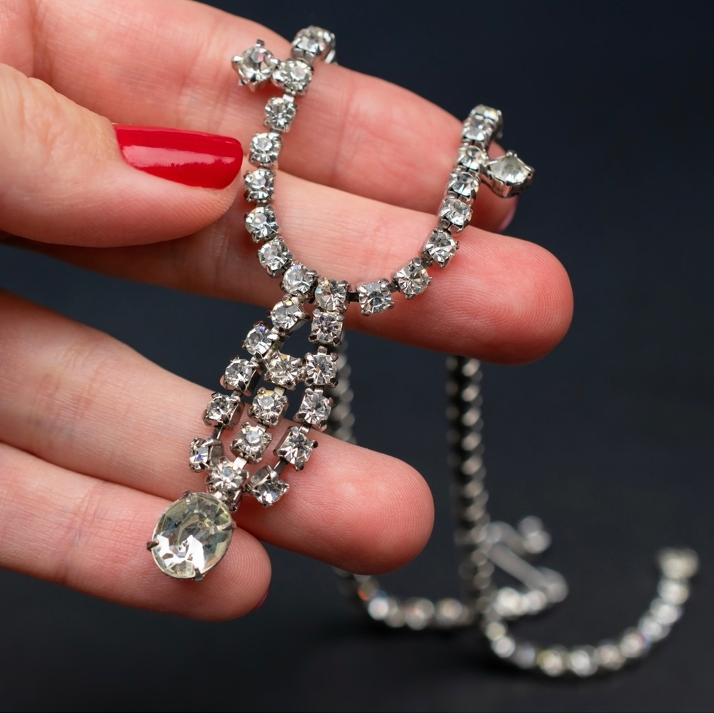 Clear rhinestone necklace for bride, dainty crystal wedding day necklace